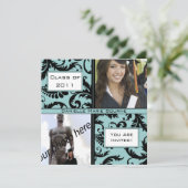 Black Damask Aqua Blue Abschluss Einladung (Stehend Vorderseite)