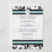 Black Damask Aqua Blue Aquamarin Hochzeitseinladun Einladung (Rückseite)