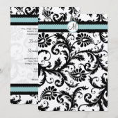 Black Damask Aqua Blue Aquamarin Hochzeitseinladun Einladung (Vorne/Hinten)