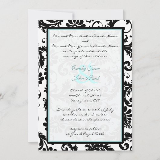 Black Damask Aqua Blue Monogram Wedding Einladung (Vorderseite)