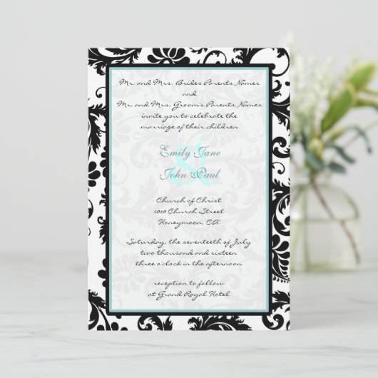 Black Damask Aqua Blue Monogram Wedding Einladung (Stehend Vorderseite)