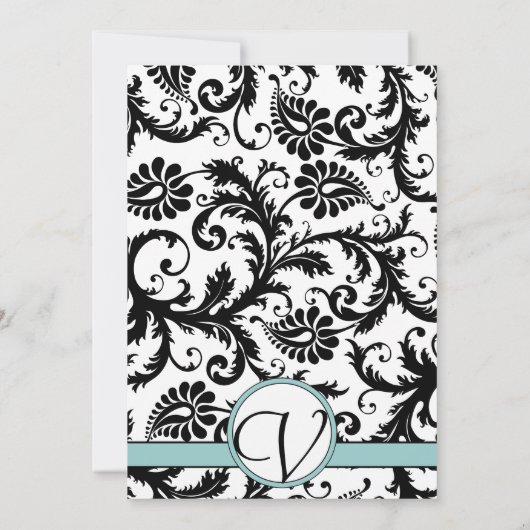 Black Damask Aqua Blue Monogram Wedding Einladung (Rückseite)
