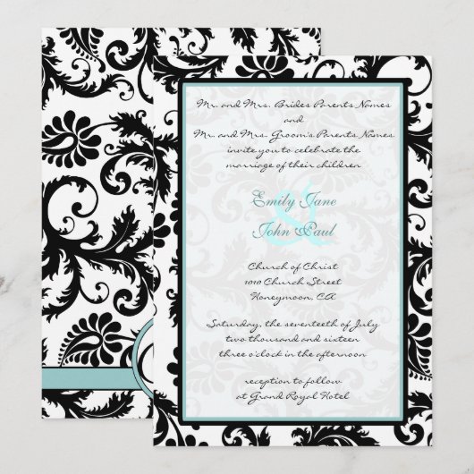 Black Damask Aqua Blue Monogram Wedding Einladung (Vorne/Hinten)