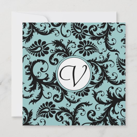 Black Damask Aqua Blue Wedding Einladung (Rückseite)