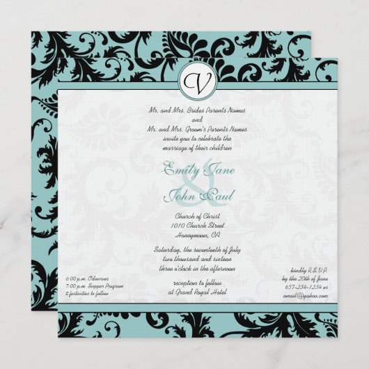 Black Damask Aqua Blue Wedding Einladung (Vorne/Hinten)