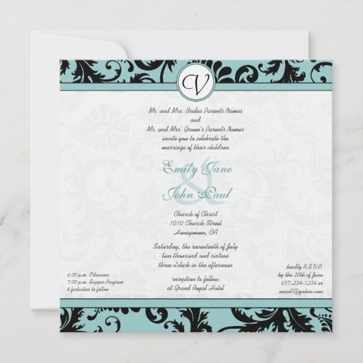 Black Damask Aqua Blue Wedding Einladung (Vorderseite)