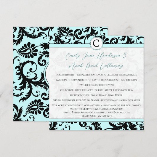 Black Damask Aqua Blue Wedding Einladung (Vorne/Hinten)