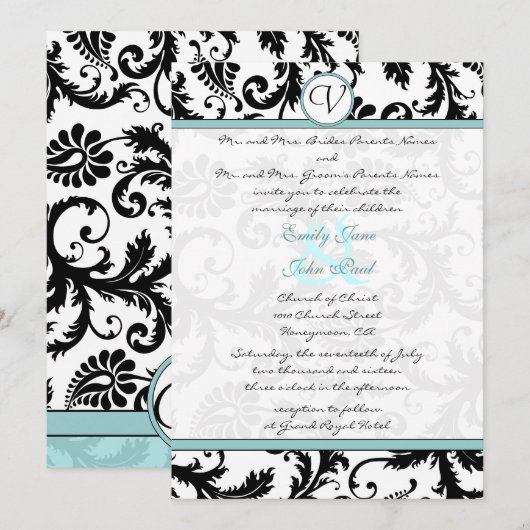 Black Damask Aqua Blue Wedding Einladung (Vorne/Hinten)
