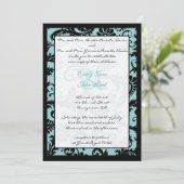 Black Damask Aqua Blue Wedding Einladung (Stehend Vorderseite)