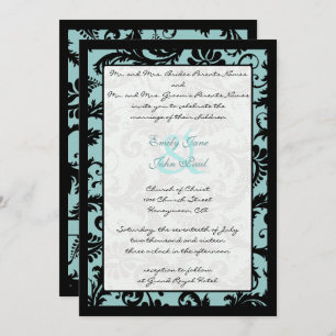 Black Damask Aqua Blue Wedding Einladung