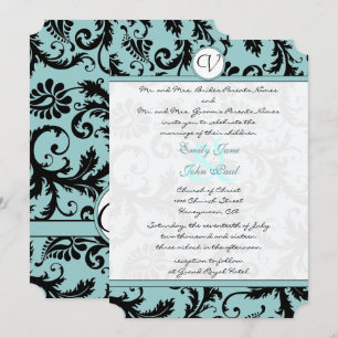 Black Damask Aqua Blue Wedding Einladung