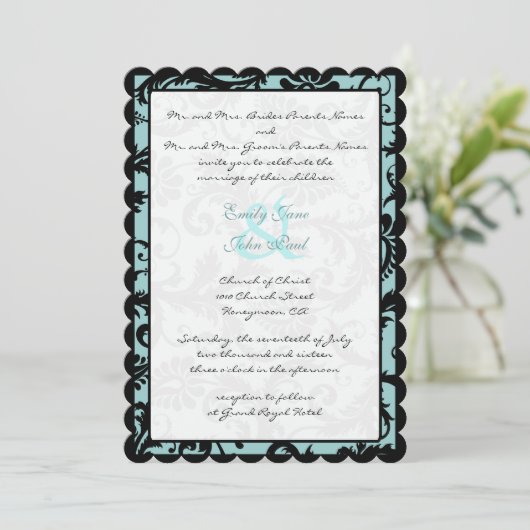 Black Damask Aqua Blue Wedding Einladung (Stehend Vorderseite)