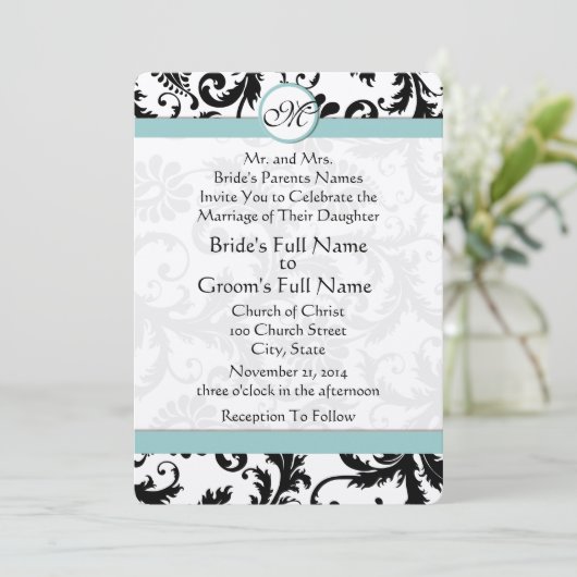 Black Damask Aqua Pool Blue Wedding Einladung (Stehend Vorderseite)