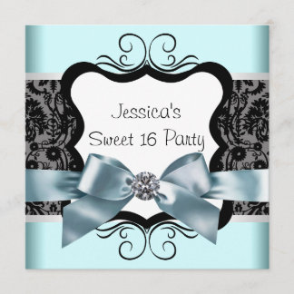 Black Damask Aquamarin Blue Black Sweet 16 Birthda Einladung