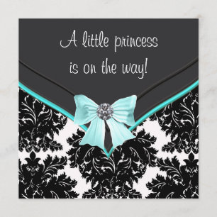Black Damask Aquamarin Blue Bow Princess Baby Dusc Einladung