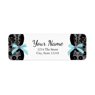 Black Damask Aquamarin Blue Bow Rücksendeadressen-