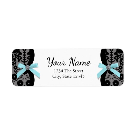 Black Damask Aquamarin Blue Bow Rücksendeadressen- (Vorne)