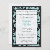 Black Damask Aquamarin Blue Wedding Einladung (Vorderseite)