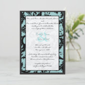 Black Damask Aquamarin Blue Wedding Einladung (Stehend Vorderseite)