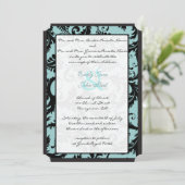 Black Damask Aquamarin Blue Wedding Einladung (Stehend Vorderseite)