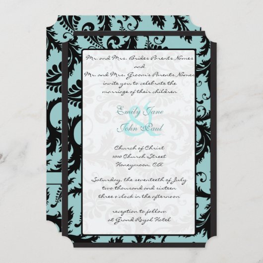 Black Damask Aquamarin Blue Wedding Einladung (Vorne/Hinten)