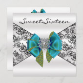 Black Damask Aquamarin Peacock 16 . Geburtstag Einladung (Vorne/Hinten)