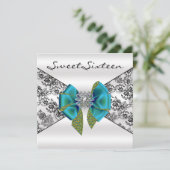 Black Damask Aquamarin Peacock 16 . Geburtstag Einladung (Stehend Vorderseite)