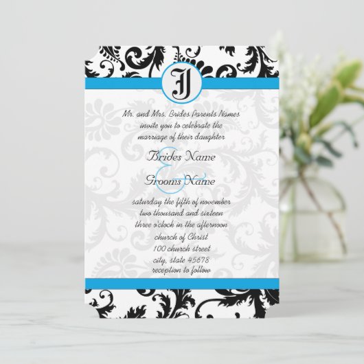 Black Damask Aquamarine Trim Hochzeit Einladungen (Stehend Vorderseite)