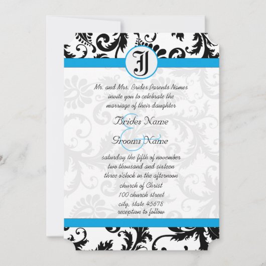 Black Damask Aquamarine Trim Hochzeit Einladungen (Vorderseite)