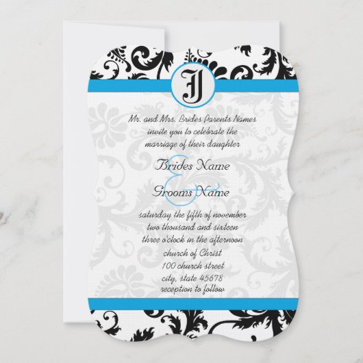 Black Damask Aquamarine Trim Hochzeit Einladungen (Vorderseite)
