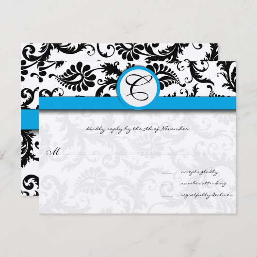 Black Damask Aquamarine Trim Hochzeit Einladungen (Vorne/Hinten)