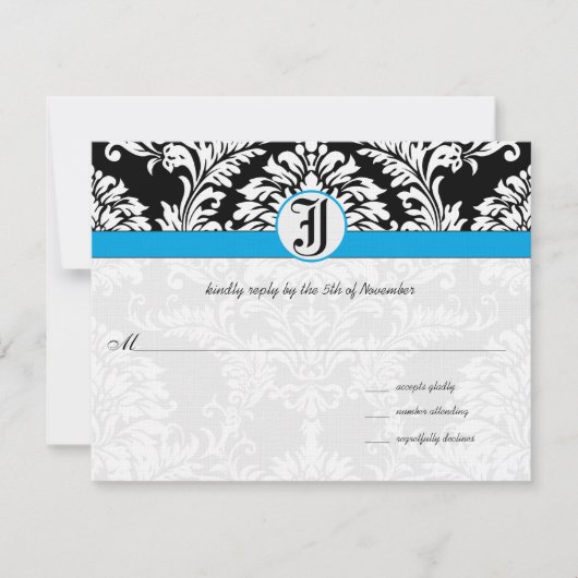 Black Damask Aquamarine Trim Wedding RSVP Karten (Vorderseite)