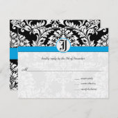 Black Damask Aquamarine Trim Wedding RSVP Karten (Vorne/Hinten)