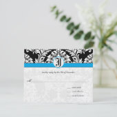 Black Damask Aquamarine Trim Wedding RSVP Karten (Stehend Vorderseite)