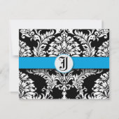Black Damask Aquamarine Trim Wedding RSVP Karten (Rückseite)