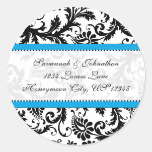 Black Damask Aquamarine Trim Wedding Siegel Runder Aufkleber