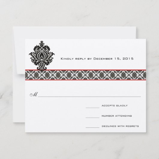 Black Damask auf White Red Trim Wedding Response RSVP Karte (Rückseite)