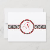 Black Damask auf White Red Trim Wedding Response RSVP Karte (Vorderseite)