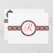 Black Damask auf White Red Trim Wedding Response RSVP Karte (Vorne/Hinten)