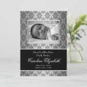 Black Damask Baby Birth Ankündigungen (Stehend Vorderseite)