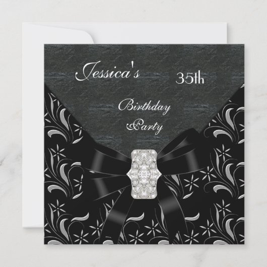 Black Damask Black Invitation White Silver 35. Bi Einladung (Vorderseite)