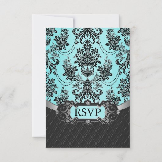 Black Damask Blue Wedding RSVP Cards Karte (Vorderseite)