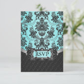 Black Damask Blue Wedding RSVP Cards Karte (Stehend Vorderseite)