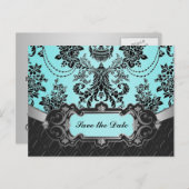 Black Damask Blue Wedding Save the Dates Ankündigungspostkarte (Vorne/Hinten)