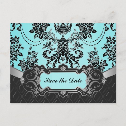 Black Damask Blue Wedding Save the Dates Ankündigungspostkarte (Vorderseite)