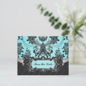 Black Damask Blue Wedding Save the Dates Ankündigungspostkarte (Stehend Vorderseite)