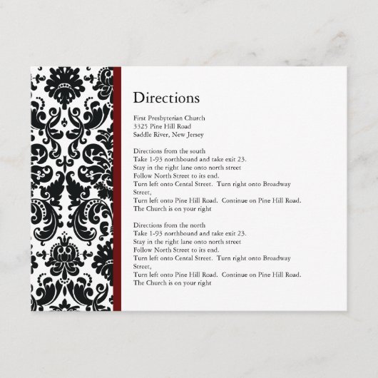 Black Damask Burgundy Accent Direction Card Begleitkarte (Vorderseite)
