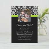 Black Damask Chartreuse Green Foto Save the Date Einladung (Stehend Vorderseite)