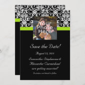 Black Damask Chartreuse Green Foto Save the Date Einladung (Vorne/Hinten)