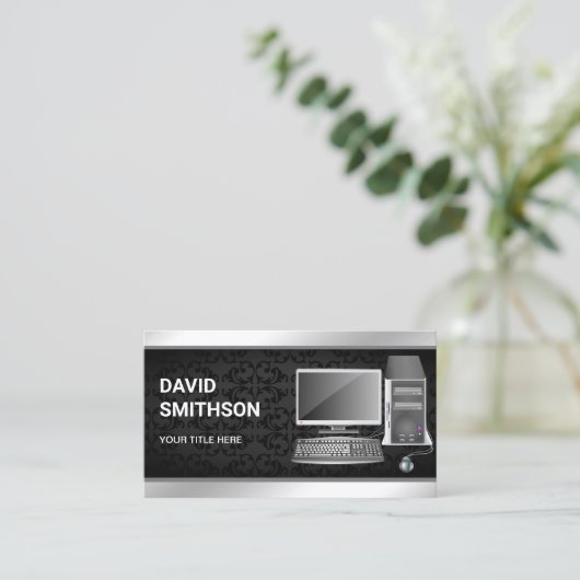 Black Damask Desktop PC Computer Reparaturtechnike Visitenkarte (Stehend Vorderseite)